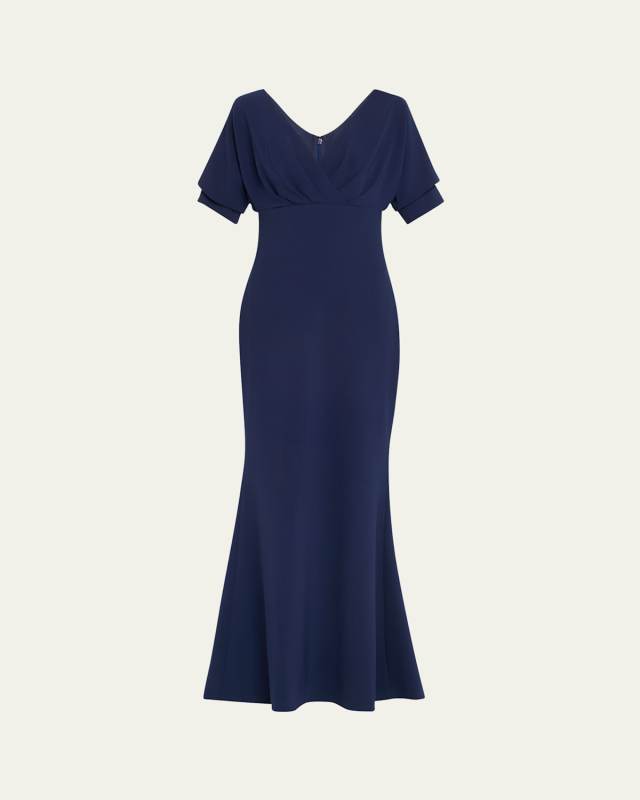 Pleated Dolman-Sleeve Mermaid Gown